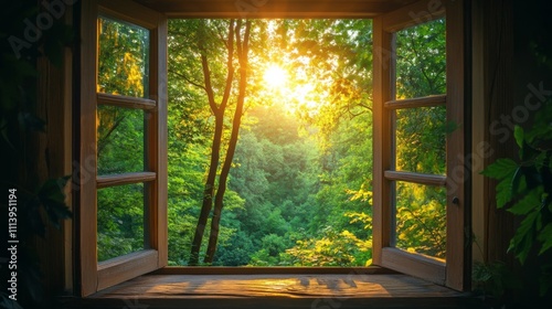  Sunlit Forest View Through Open Window 