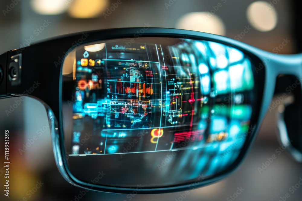 Close-up of smart glasses reflecting augmented reality data and information, showcasing future technology Close-up of smart glasses reflecting augmented reality data and information, showcasing future technology