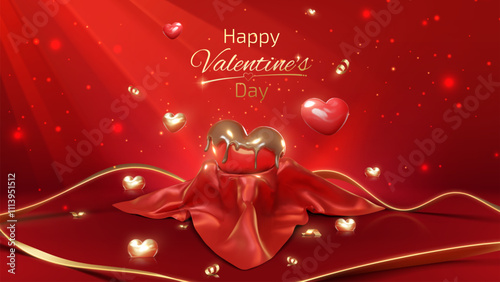 Valentine's Day celebration template with red hearts placed on red cloth with gold ribbon decoration and beautiful glitter and shine, vector illustration.
