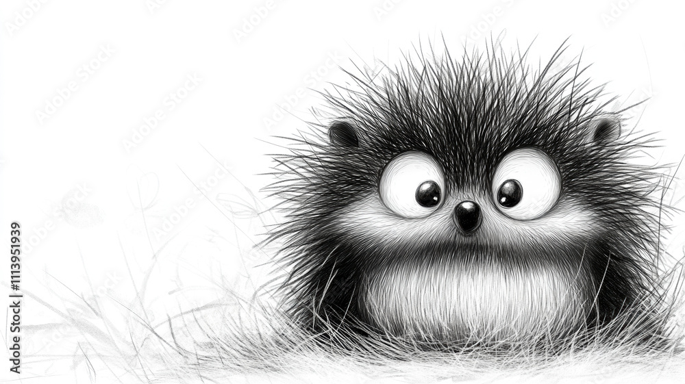 Fototapeta premium A whimsical, hand-drawn cartoon illustration of an adorable baby hedgehog, depicted in a minimalistic style with soft, simple lines and a charming, playful expression.