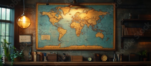Vintage world map on wall above shelf with various items in dimly lit room.