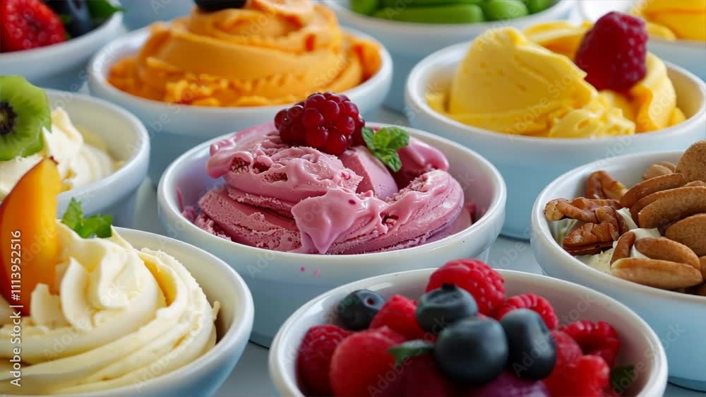Delight in colorful bowl of creamy ice cream desserts with fresh fruits like raspberry, blueberry, and peach, topped with mint for perfect sweet treat. Delight in colorful bowl of creamy ice cream desserts with fresh fruits like raspberry, blueberry, and peach, topped with mint for perfect sweet treat.