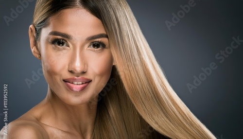 Beautiful woman model with long blond silky shining hair for hair products advertising 