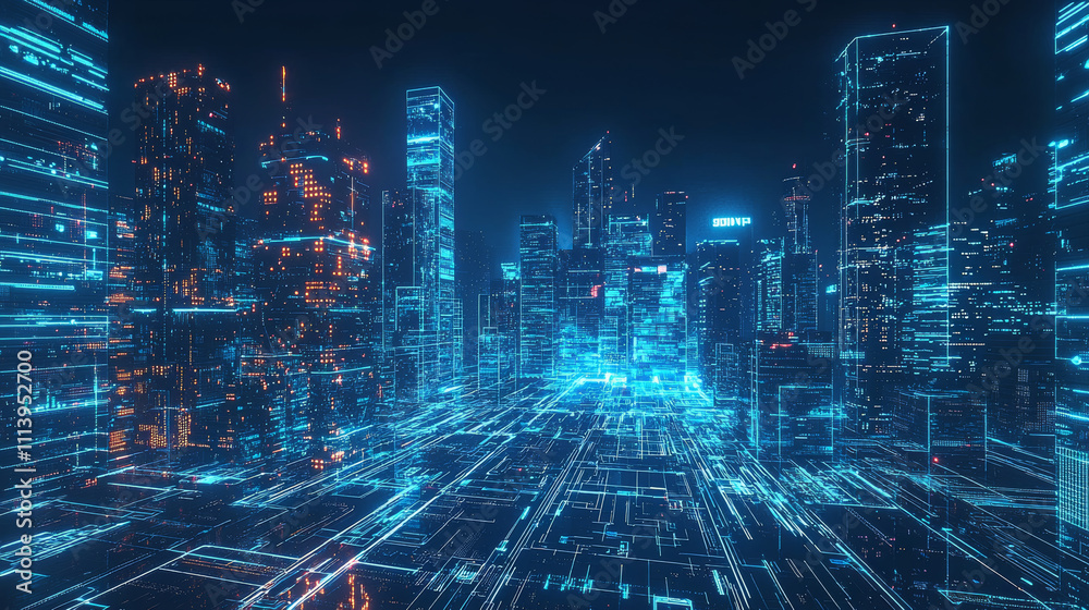 Futuristic cityscape with glowing skyscrapers and digital technology, showcasing smart integration and advanced architecture. vibrant blue and orange lights create dynamic atmosphere Futuristic cityscape with glowing skyscrapers and digital technology, showcasing smart integration and advanced architecture. vibrant blue and orange lights create dynamic atmosphere