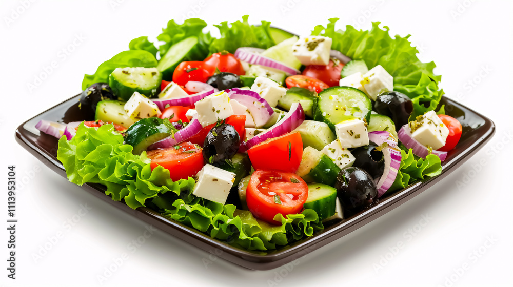 Square Plate of Greek Salad: A square plate filled with Greek salad, isolated on a white background. Square Plate of Greek Salad: A square plate filled with Greek salad, isolated on a white background.