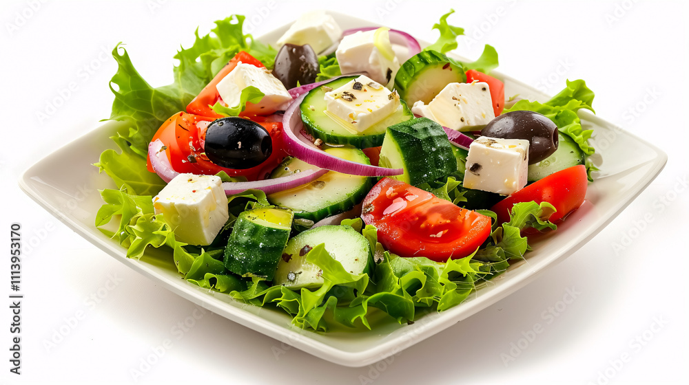 Square Plate of Greek Salad: A square plate filled with Greek salad, isolated on a white background. Square Plate of Greek Salad: A square plate filled with Greek salad, isolated on a white background.