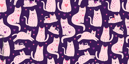 Colorful Valentine Cats Seamless Pattern on Purple Background
