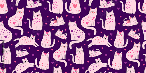 Colorful Valentine Cats Seamless Pattern on Purple Background