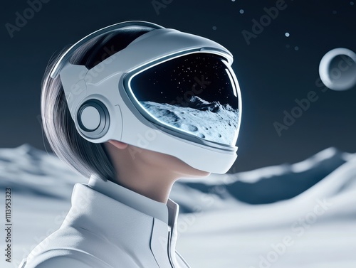 Futuristic Exploration with Astronaut Viewing Moon Landscape in High-Tech Helmet photo