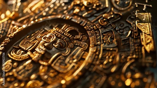 Closeup view of an opulent golden Mesoamerican artifact, its surface richly embellished with a dense tapestry of swirling, interlocking geometric designs and symbols