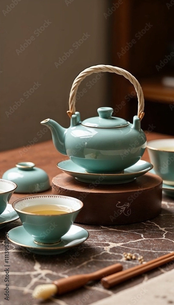 Elegant turquoise tea set, calming mood, brewing tea, marble table background, copy space Elegant turquoise tea set, calming mood, brewing tea, marble table background, copy space