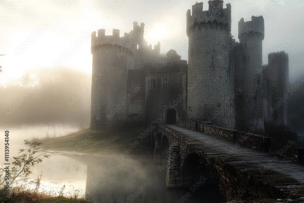 Fototapeta premium Misty morning at an ancient castle near water. Generative AI