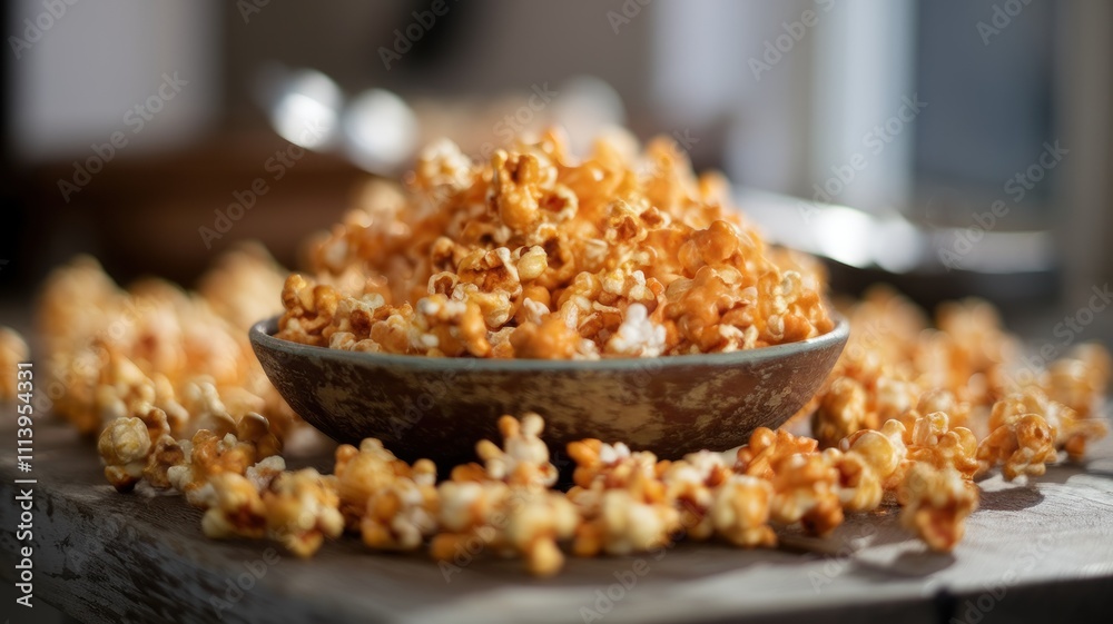 Caramel popcorn spilling wooden spoon surface Caramel popcorn spilling wooden spoon surface