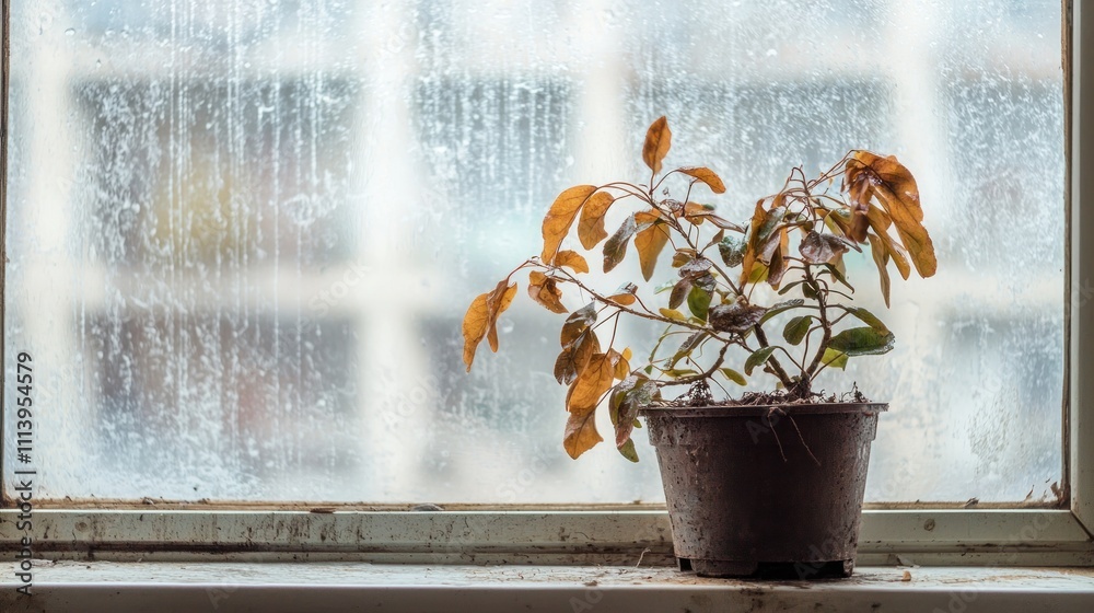 A wilted, drooping plant on a windowsill, with brown, lifeless leaves and a dull, uninspiring background