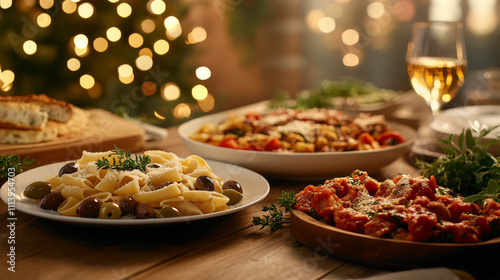 Italian cuisine with pasta and olives on wooden table.