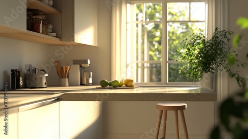 A corner kitchen interior with a bar stool beside a quartz countertop, framed by light cabinetry and natural light creating a calming atmosphere