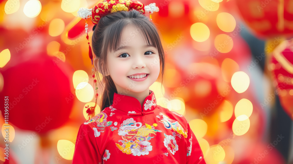Smiling girl in red traditional Chinese dress with festive lights. Smiling girl in red traditional Chinese dress with festive lights.