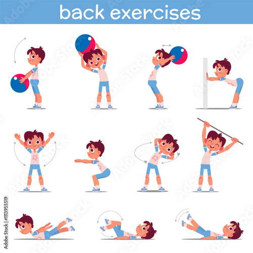 Back exercises. The little boy is exercising. Physical exercises for good posture. Cartoon characters. Funny vector illustration. Isolated on white background. Set