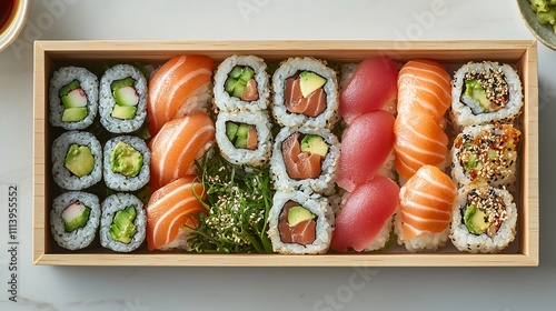 Delicious sushi platter showcase japanese cuisine food photography elegant setting top view culinary art photo