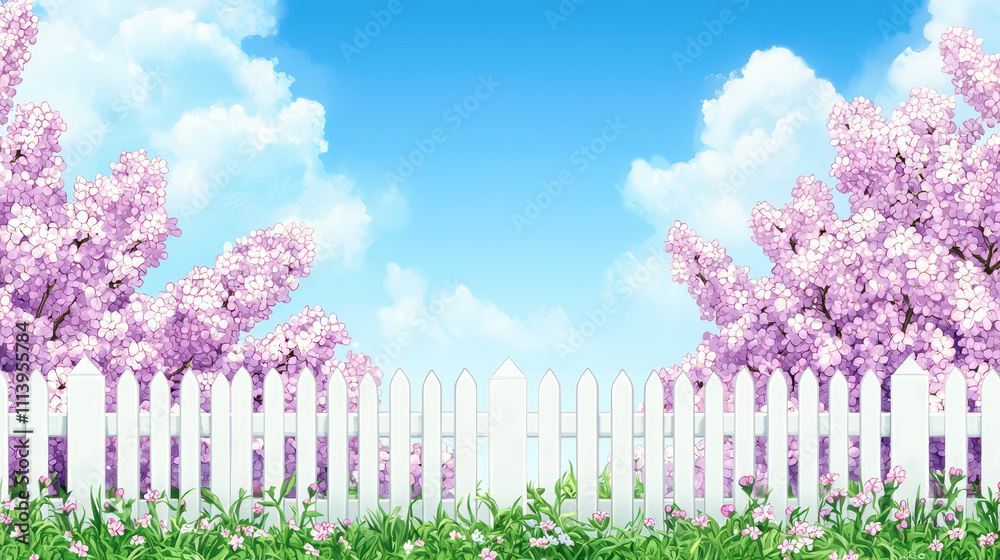 Obraz premium serene lilac garden with blooming flowers and white picket fence under bright blue sky. vibrant colors evoke sense of peace and tranquility