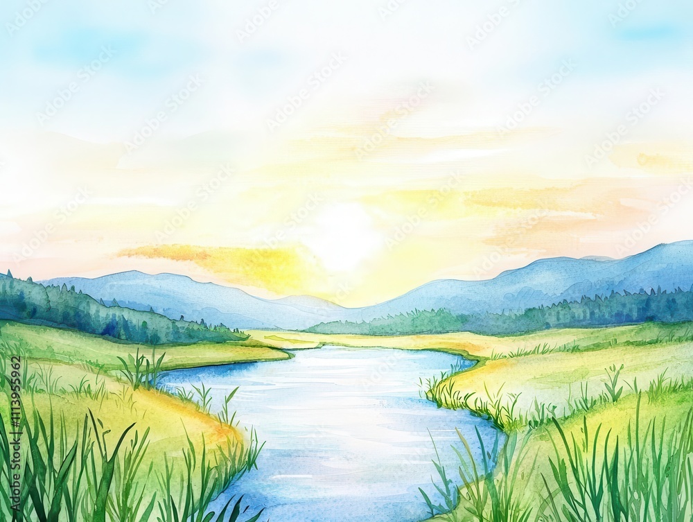 A gentle river flowing through a lush valley, connecting with tributaries, soft golden light at sunrise A gentle river flowing through a lush valley, connecting with tributaries, soft golden light at sunrise