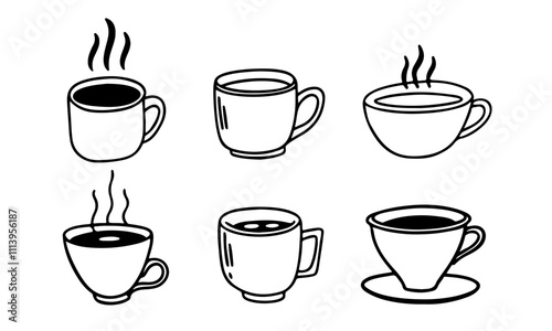 Coffee Cup Doodle Set – Hand Drawn Hot Beverage Icons, Outline Mug Illustration