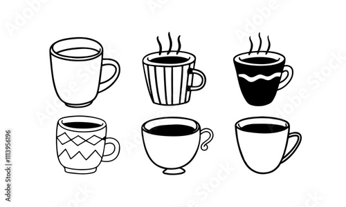 Coffee cups doodle set. coffee cup hand drawn line signs. Outline coffee cups