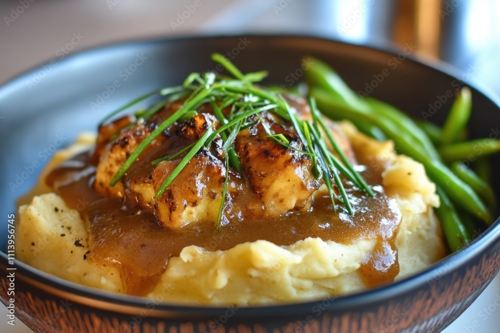 Chicken with gravy and mashed potatoes on a plate. Generative AI