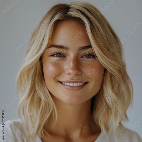 Smiling blonde woman with a radiant face, set against a clean white background