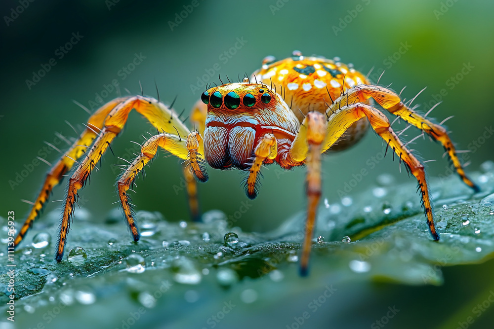 Vibrant Jumping Spider on Dewy Leaf Vibrant Jumping Spider on Dewy Leaf