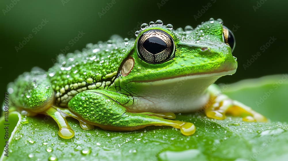 Obraz premium Green Frog Resting On Dew Covered Leaf