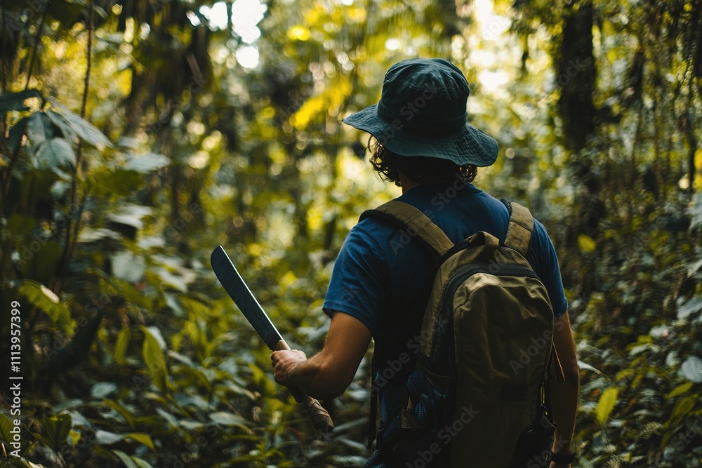 Naklejka premium Explorer with machete in dense forest, focus on adventure