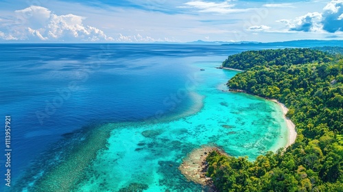 Aerial view of the deep blue sea with vibrant coral reefs and clear turquoise water