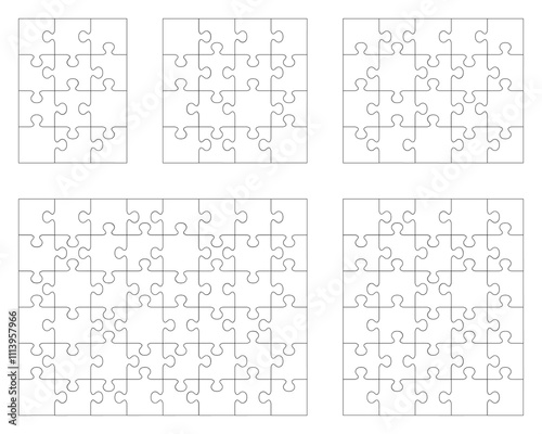 Illustration of five white puzzles, separate parts	