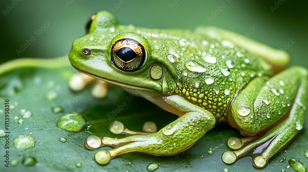 Obraz premium Green Frog Resting on Dew Covered Leaf