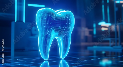 A digital illustration of a tooth with neon lights, which is tied to dental care and the skeletal system and increased interest in further advancements in medical science.