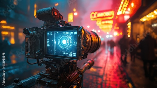 A camera on a street capturing a vibrant, foggy urban scene with neon lights.