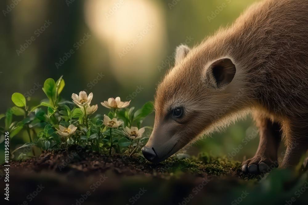 Obraz premium tamandua exploring lush forest, curiously sniffing flowers. scene captures beauty of nature and gentle curiosity of wildlife