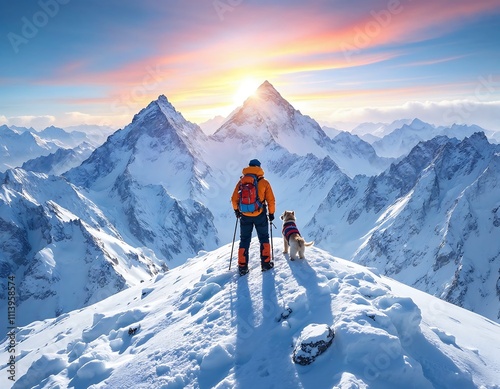 Adventurer and dog overlooking snowy mountain landscape during winter sunset in the high peaks. Generative AI photo