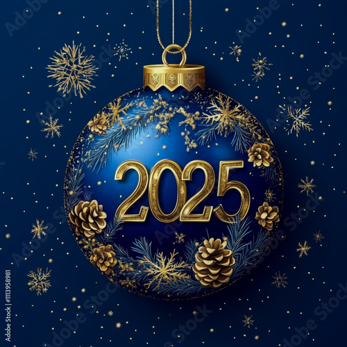 A blue Christmas ornament with the number '2025' inside, set on a royal blue background. photo