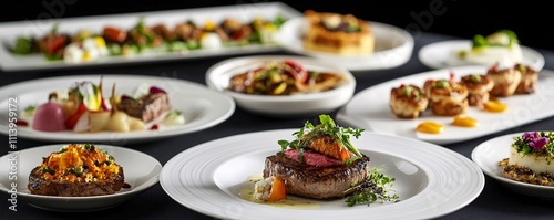 Gourmet dishes displayed on elegant white plates on black tablecloth