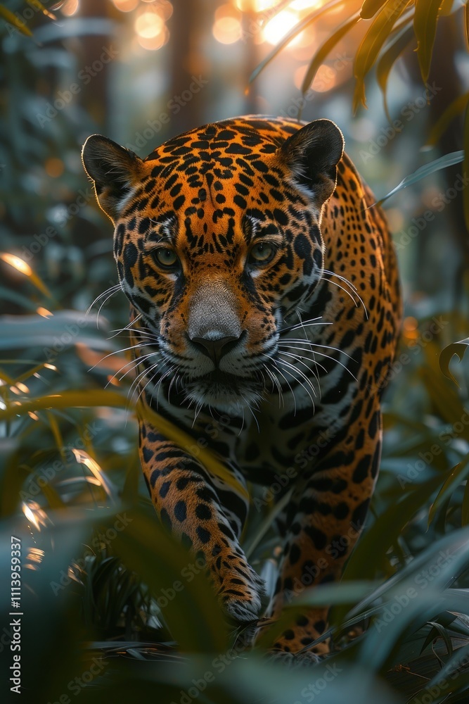 Fototapeta premium A jaguar strides through dense foliage with striking patterns, illuminated by soft golden light in a serene environment