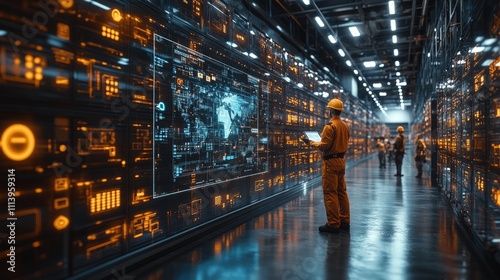 Workers in uniforms manage logistics in a sleek warehouse while a manager interacts with a holographic supply chain map on a tablet