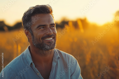 man with a beard and a light blue shirt smiles happily in a golden field at sunset photo