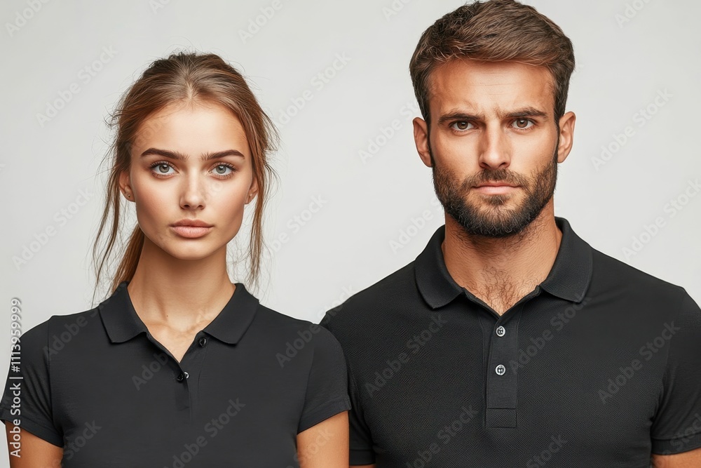 Models posing side by side in black polo shirts with neutral expressions Models posing side by side in black polo shirts with neutral expressions
