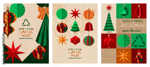 Have a Green Christmas, poster set. Composition with Christmas tree paper ornament.