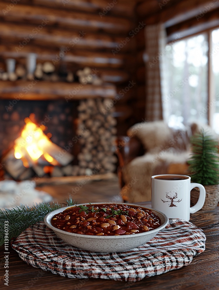 Cozy winter gathering with chili and hot beverage by the fireplace rustic cabin living room warm atmosphere Cozy winter gathering with chili and hot beverage by the fireplace rustic cabin living room warm atmosphere