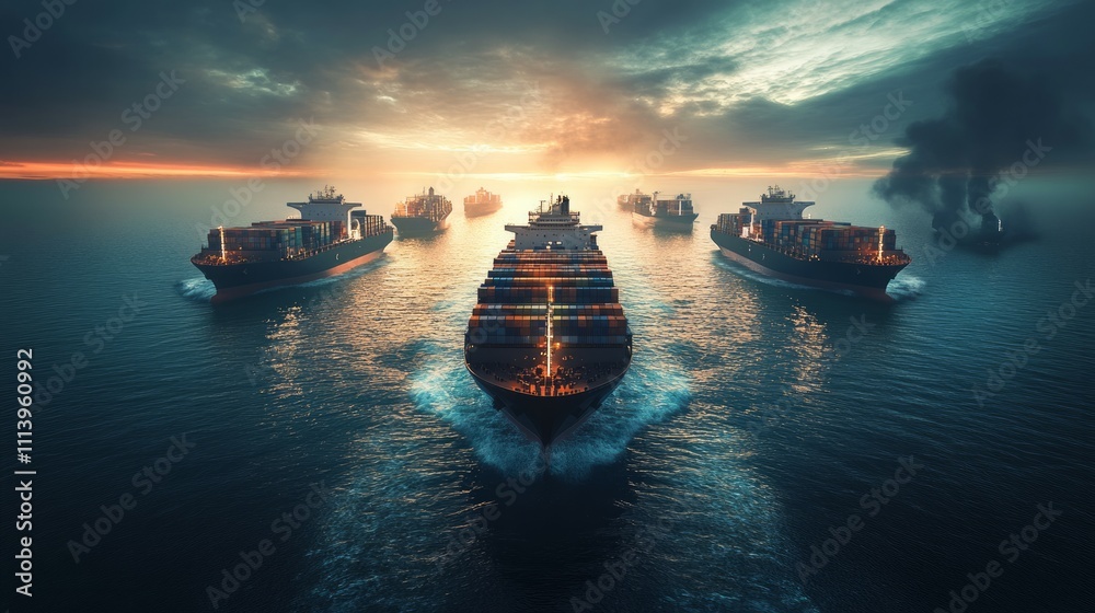 Cargo ships moving in the ocean among the waves under the blue sky Cargo ships moving in the ocean among the waves under the blue sky