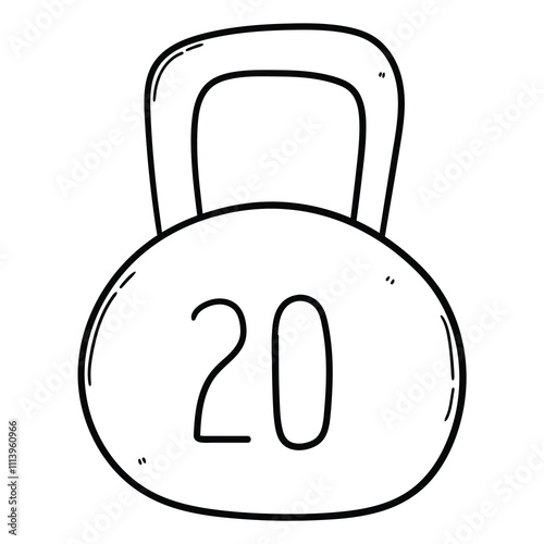 Hand drawn doodle kettlebell 20 kg on white background.