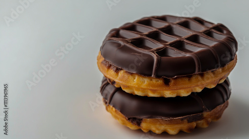 Stack of two chocolate-covered waffles on a clean white background photo